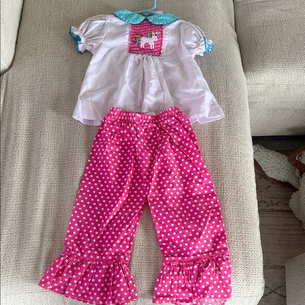 Girls Pink Polka Dot Ruffle Pants Matching Set with White Top